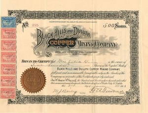 Black Hills and Duluth Copper Mining Co. - Stock Certificate